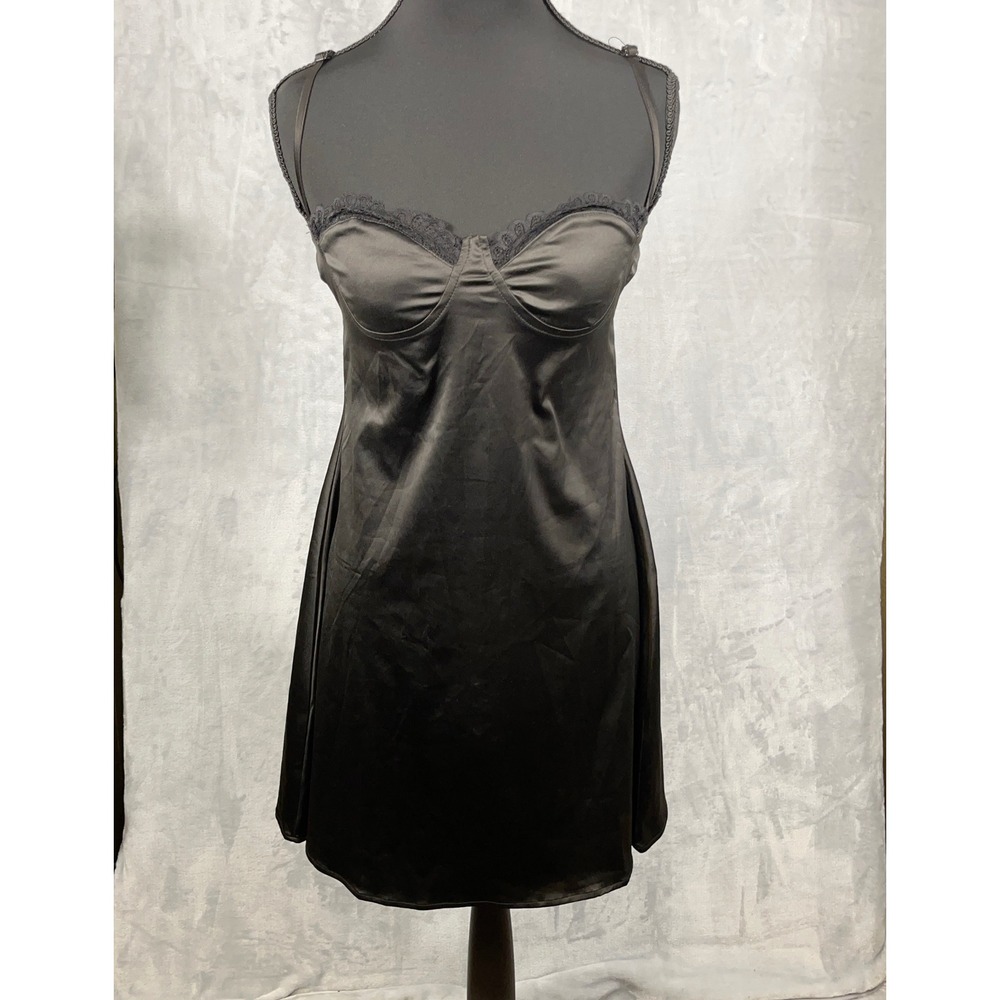 Women Black Satin Slip Dress S Lace Trim Underwire Open Back Mini Lingerie LBD